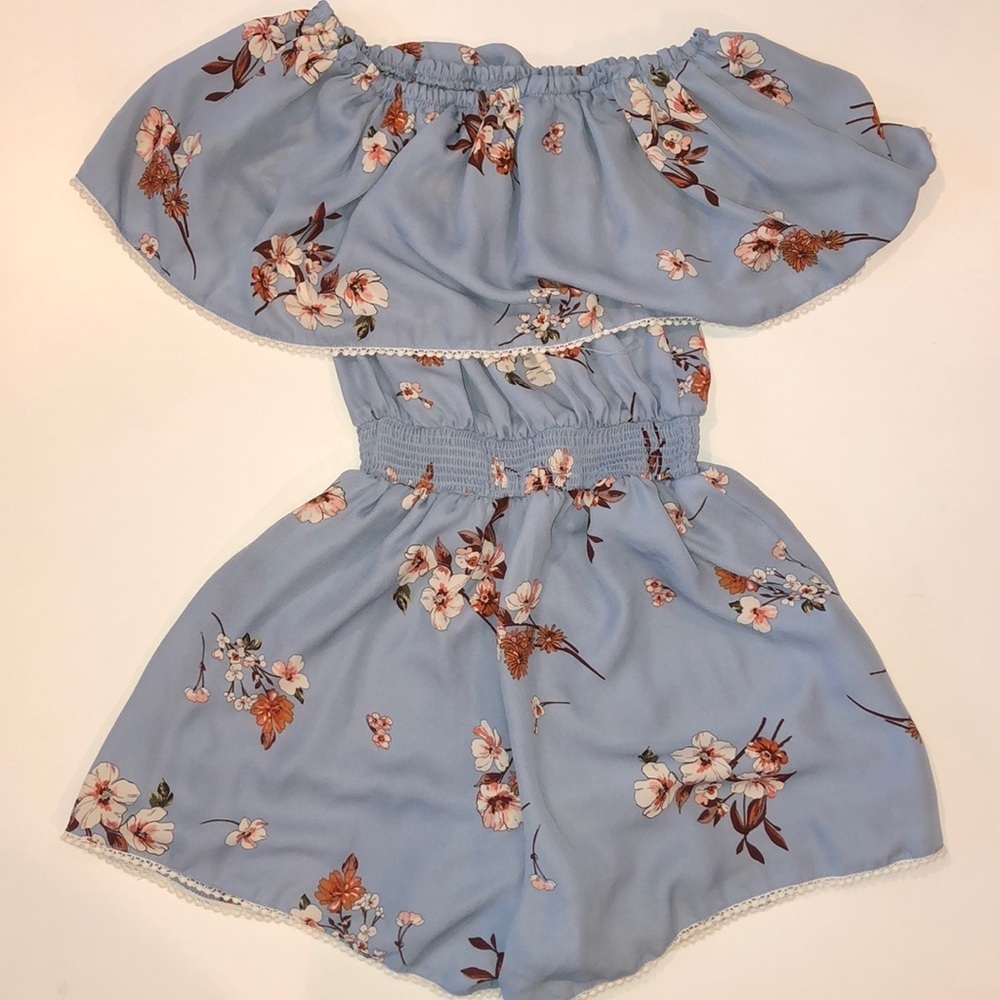 Light Blue Floral Print Off the Shoulder Cinch Waist Romper Size S - Picture 4 of 5